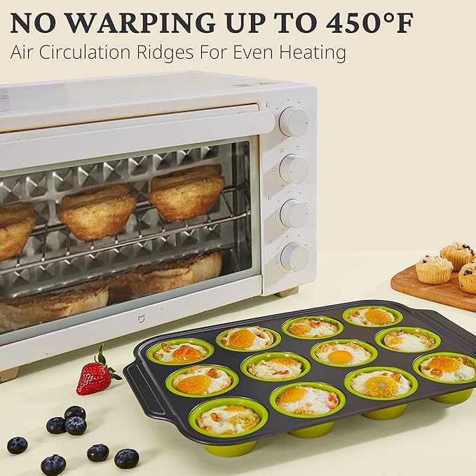 BRONYPRO Silicone Muffin Pans for Baking with Metal Frame, Egg Bite Maker Silicone Molds, Cupcake Pans 12 Regular Size, Muffin Tins Easy to Pop Nonstick Non Toxic Bakeware for Oven, Lime Green