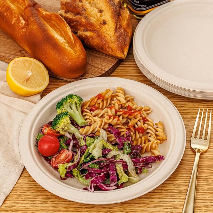 WELLIFE 100% Compostable Paper Plates 9 Inch, 125-Pack Heavy Duty Paper Plates Bulk,Biodegradable Bagasse,Eco-Friendly Disposable Dinner Plate for BBQ,Picnic,Party (BPI Certified,Microwaveable)