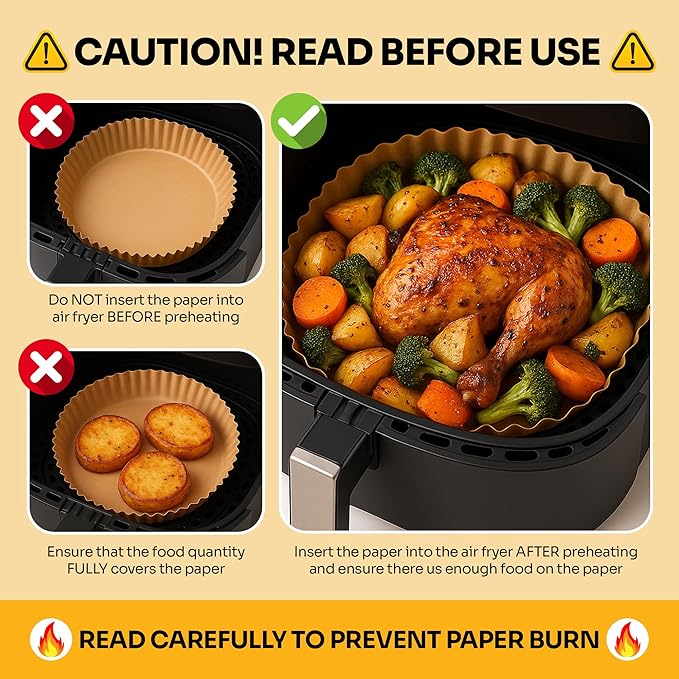 Mindful Design Air Fryer Paper Liners,125Pcs Parchment Paper, Air Fryer Disposable Liner for Microwave, Non-Stick Round Free of Bleach (8IN)