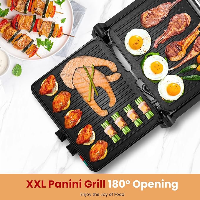 Pukomc Panini Grill Press,Sandwich Maker Press,Contact Grill, 1400W Non-Stick Grill, 60-Minute Timer, 180 Degrees Opening, Stainless Steel