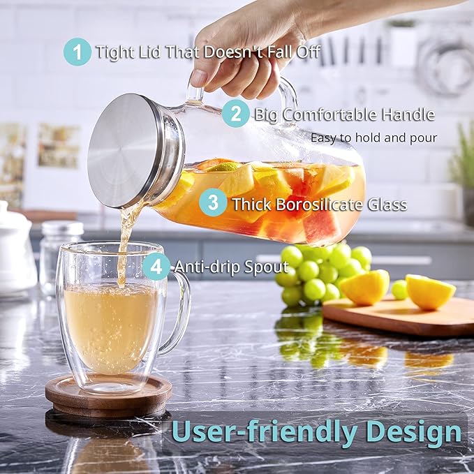2 Pack 1.2 Liter 40 oz Small Glass Pitcher with Lid and Spout, Glass Carafe Water Pitcher for Hot/Cold Water, Iced Tea, Drinks, Coffee, Juice and Homemade Beverage
