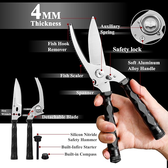 WILDMOK Heavy Duty Poultry Shears - 8.5 Inch Multi-function Stainless Steel Poultry Outdoor Shears, Ultra Sharp Kitchen Scissors for Outdoor Camp, Black