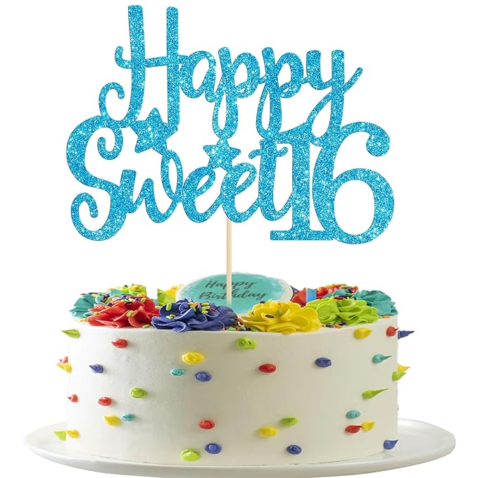 Gyufise 1Pc Happy Sweet 16 Cake Topper Glitter 16th Birthday Cake Pick for Cheers to 16 Years Old 16th Birthday Party Cake Decorations Supplies Light Blue