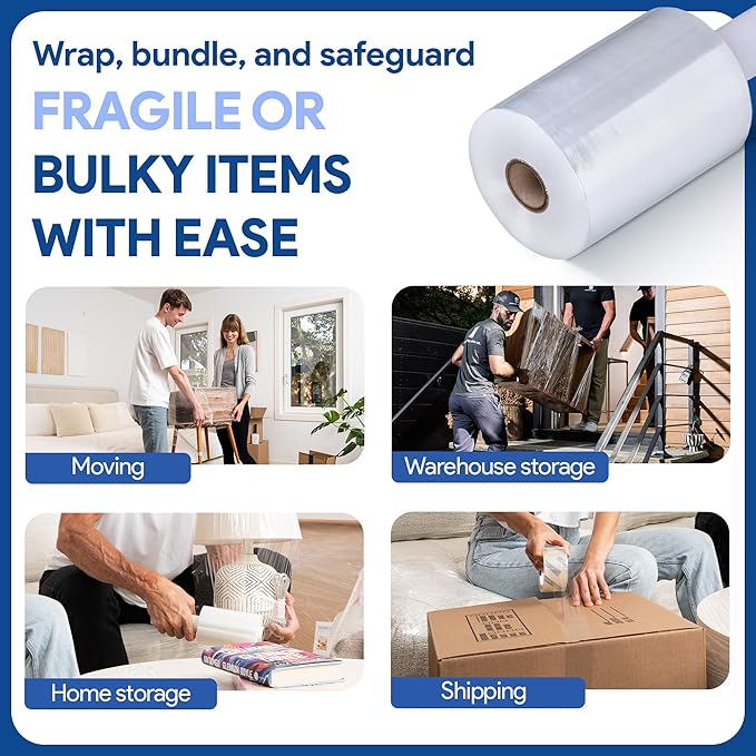 International Plastics Co. 12 Pack of 5" Plastic Stretch Film Wrap with Handles 1000 feet Each 500% Stretch Ability