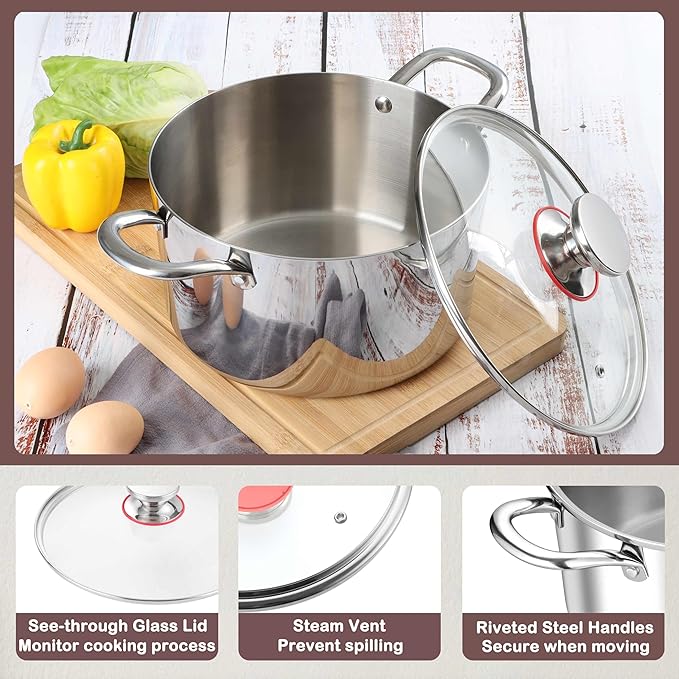 Herogo 4 Quart Stock Pot, 18/10 Stainless Steel Cooking Pot with Lid, Tri-Ply Pasta Stockpot with Handles, 4 QT Stockpot for Induction Gas Electric Stove, Dishwasher Safe