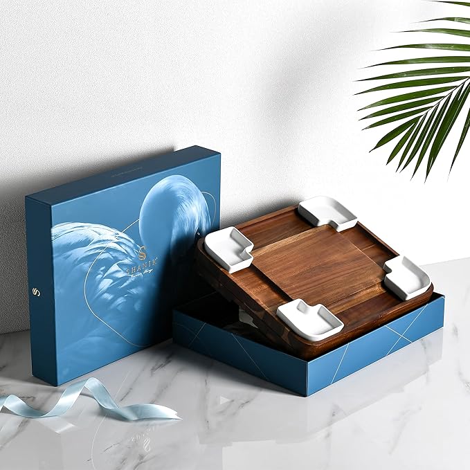 Shanik Upgraded Acacia Cheese Board Set, Square Shaped Charcuterie Set, Cheese Platter, Handcrafted Design and Stainless Steel Cutlery Set - Gift for Any Occasion No Engraving