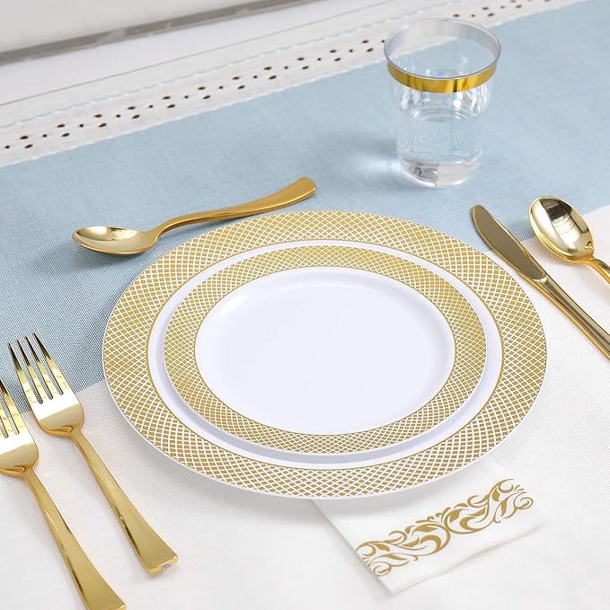 FOCUSLINE 175 Count Gold Dinnerware Set for 25 Guests - Disposable Plastic Plates with Gold Grid, Includes 25 Dinner & Salad Plates, Cups, Napkins, Cutlery Set for Wedding Parties