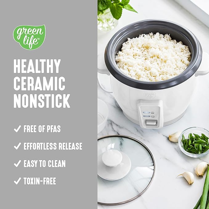 GreenLife Electric Rice Cooker, 3-Cups Uncooked/6-Cups Cooked, Removable PFAS-Free Nonstick Pot, One-Switch Design, Auto Keep Warm, Small Space Saving, Rice Paddle, Soup, Grains, Oatmeal, 1.5 QT, White