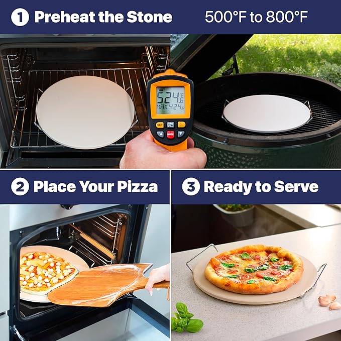 KitchenStar 14-inch Pizza Stone for Oven and BBQ Grill with Handles, Round, 5/8" Thick - Natural Cordierite, 1800 °F Resistant, Baking Stone Set with Stainless Steel Rack & Plastic Scraper Tool