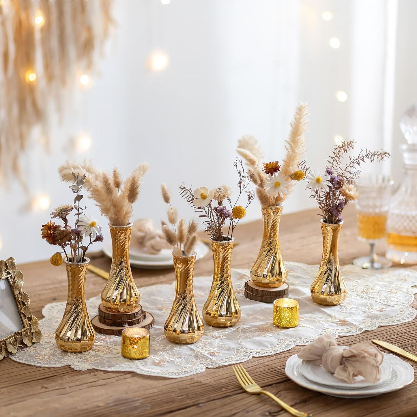 NUPTIO Glass Bud Vase Gold: 12 Pcs Small Flower Vases for Wedding Party Table Centrepiece - Vintage Ribbed Vase for Home Birthday Reception Decorations