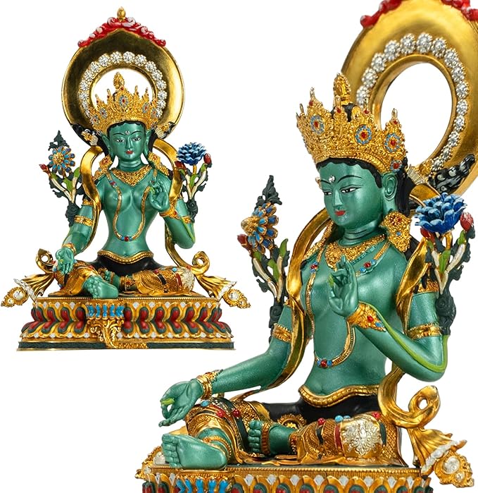 Buddha Statue Indoor, Green Tara Buda Sculpture for Home Decor, Hand-Painted Colored Buddhist Budda, Nepalese Craft Handmade Tibetan Buddhism Meditation Copper, 5.51"