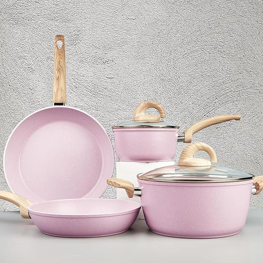 Pots and Pans Set Non Stick, Ceramic Cookware Set with Granite Pattern, Induction Kitchen Cooking Sets w/Frying Pans, Saucepans, Casserole with Lids, Non-Toxic, PTFE/PFOA/PFOS-Free, Pale Pink