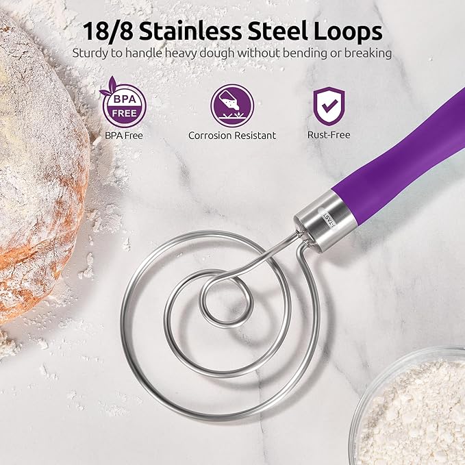 U-Taste 12.6in Danish Dough Whisk: 18/8 Stainless Steel Heavy-Duty Sourdough Mixer Tool, Food Grade Dutch Style Seamless Bread Wisk, Sturdy for Mixing, Stirring, Kneading Thick Batter (Purple)