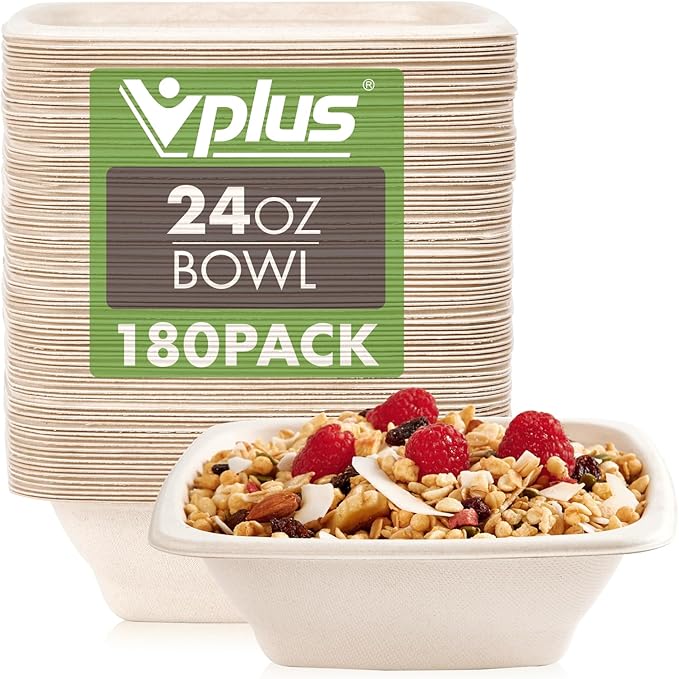 Vplus 180 Pack 24 OZ Paper Bowls Bulk, Square Disposable and Compostable, Eco-friendly Bagasse, Heavy-duty Bowls Perfect for Milk Cereals, Snacks, Salads