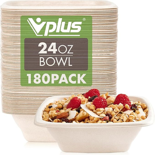 Vplus 180 Pack 24 OZ Paper Bowls Bulk, Square Disposable and Compostable, Eco-friendly Bagasse, Heavy-duty Bowls Perfect for Milk Cereals, Snacks, Salads