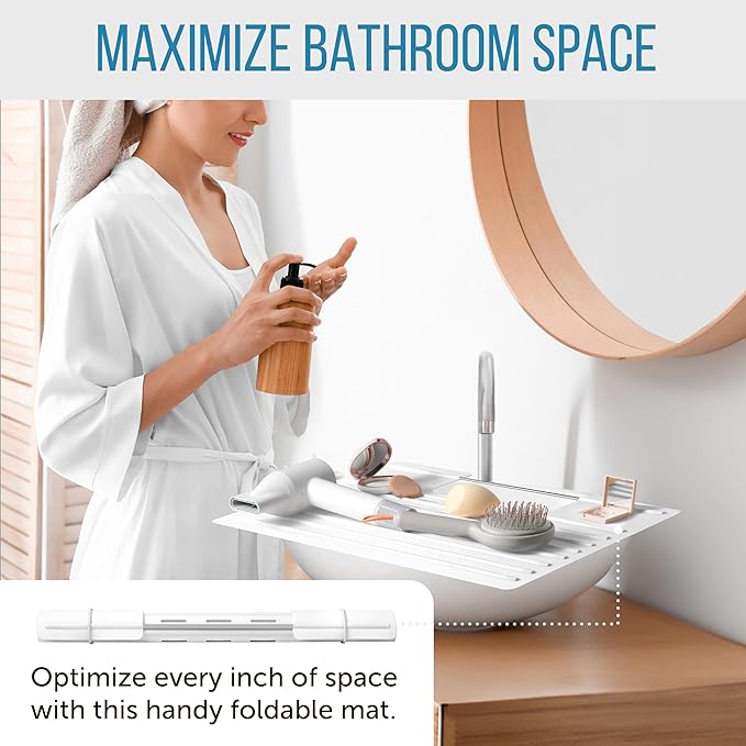 Maplefield Bathroom Sink Cover & Silicone Makeup Mat - White, 22 x 2 x 2 In - Heat Resistant to 400°F - Foldable Roll-Up Design with Raised Ridges - Space-Saving Countertop Mat