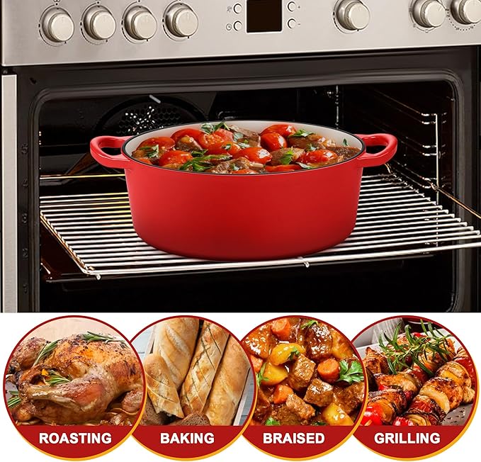 E-far 5QT Oval Dutch Oven Pot with Lid, Enameled Cast Iron Dutch Oven with Dual Handles for Sourdough Bread Baking Cooking, Nonstick Enamel Coated Cookware(Red), Non-Toxic & Easy Clean