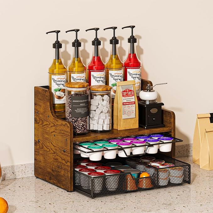 Coffee Pod Holder with Drawer & Dividers, 4-Tier Wood K Cup Organizer for Countertop, Coffee Bar Organizer Storage Box, Coffee Station Organizer for Kitchen Coffee Station