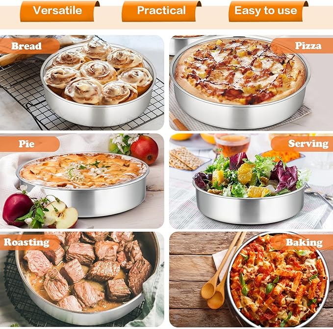 P&P CHEF 8 Inch Round Cake Pan Set of 3, Stainless Steel Round Baking Layer Pans Bakeware for Layer Birthday Cake, Fit Oven/Pots/Pressure Cooker, Leakproof & Dishwasher Safe, Silver