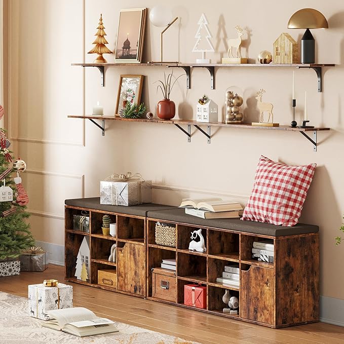 DINZI LVJ Long Wall Shelves, 47.3Inch Wall Mounted Shelves Set of 2, Extra Large Wall Storage Ledges with Sturdy Metal Brackets for Living Room, Bathroom, Bedroom, Kitchen, Rustic Brown