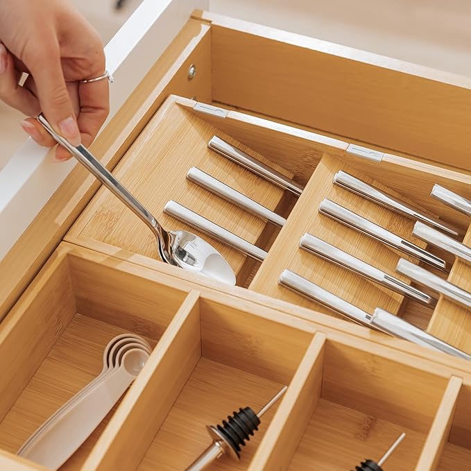 Premium Silverware and Utensil Drawer Organizers – Slanted 3-Compartment and 5-Compartment Design, Labeled Slots, Non-Slip Feet, 100% Sustainable Bamboo, 2 Pack