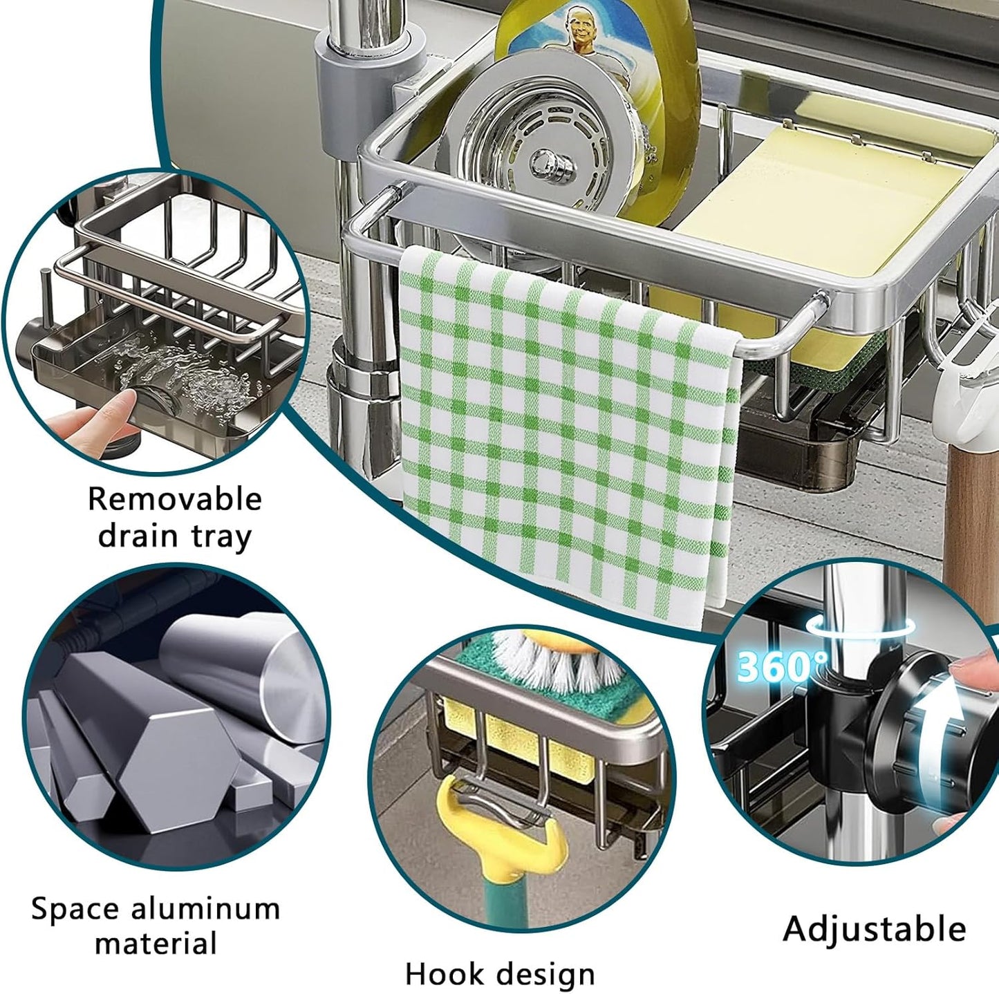 Sink Faucet Organizer Sponge Holder, Over Faucet Sink for 0.7-1.1" Round Water Pipe, Rustproof Caddy Rack, Adjustable Storage Shelf for Kitchen, Bathroom (Right Silver)
