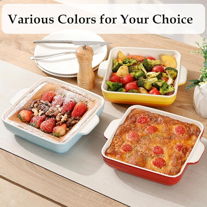 NUTRIUPS 8x8x2.4 inch Square Baking Dish, 50 Oz /1.6 Qt Ceramic Baking Pan with Handles, Casserole Dish for Oven, Porcelain Bakeware (Gradient Red)