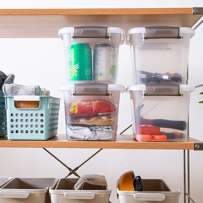 Citylife 4 Packs 6 QT Storage Bins with Lids Clear Plastic Bins with Grey Handle Stackable Storage Containers for Organizing