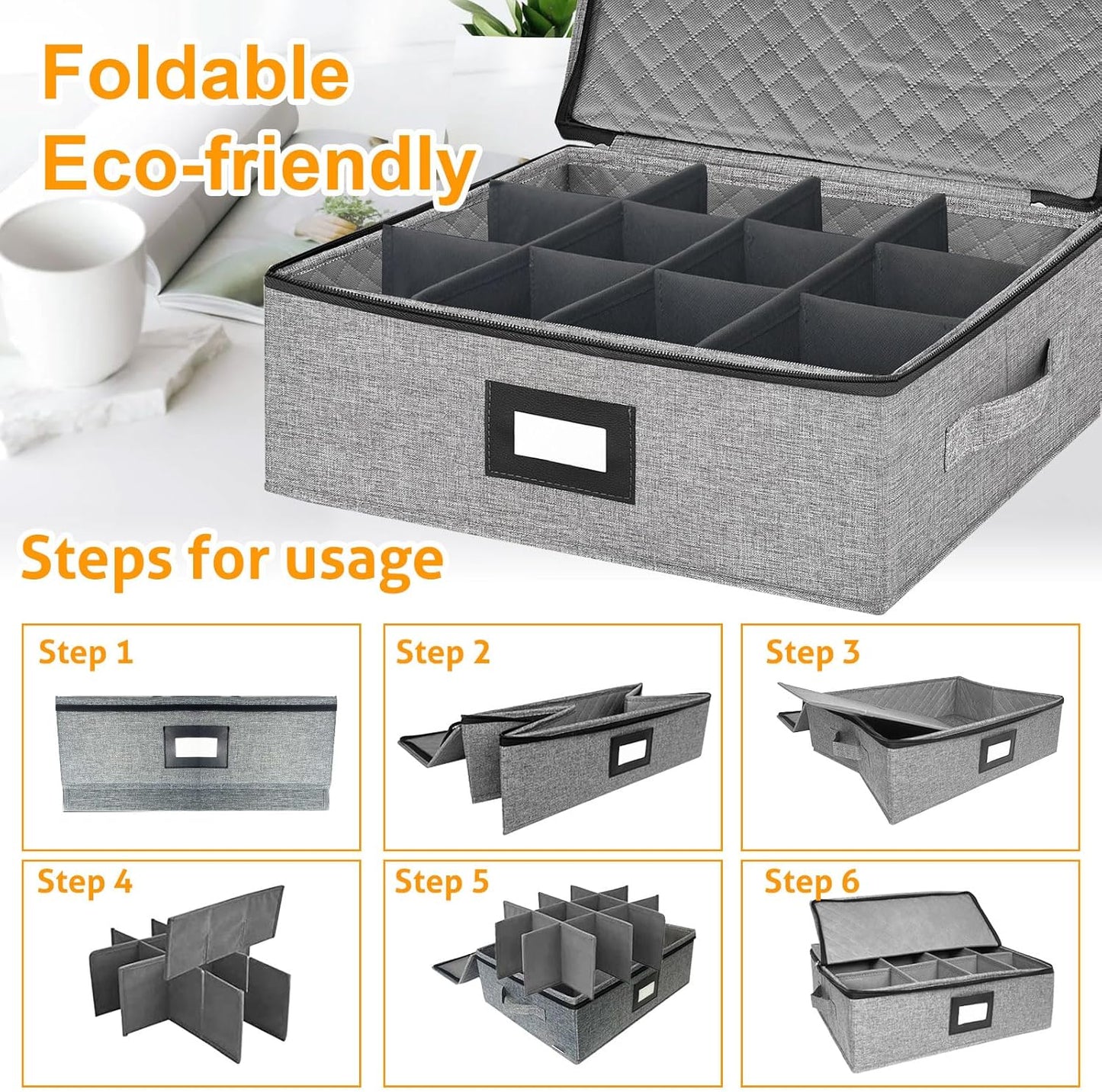 Coffee Mug Storage Box with Dividers, China Storage Containers Hard Shell ,Glassware Storage Containers with Zipper Lid and Handles, Stackable for 12 Mugs, Tea Cups, Moving & Packing (Light Grey)