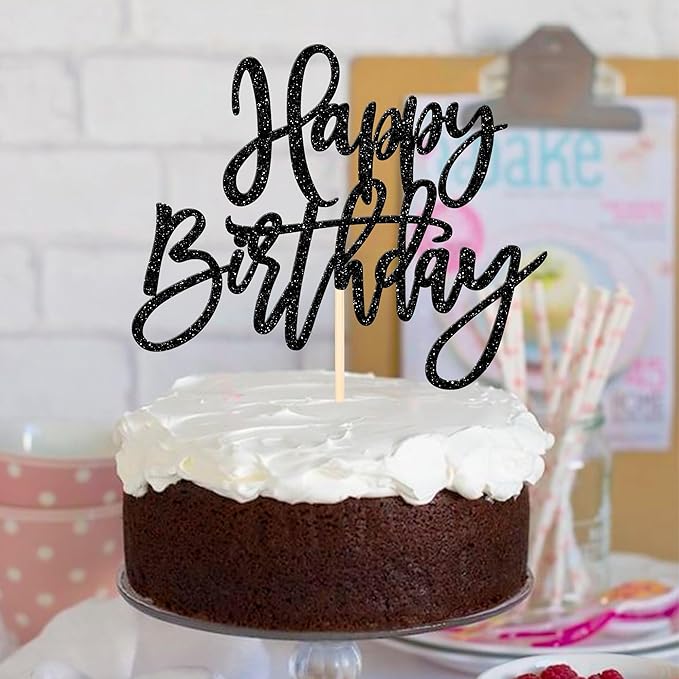 ZHUOWEISM 1 PCS Happy Birthday Cake Topper Glitter Happy Birthday Cake Pick for Celebrating Happy Birthday Anniversary Theme Party Cake Decorations Supplies Black