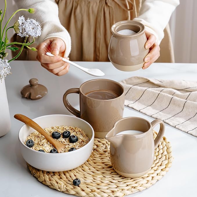 famiware Milkyway Ceramic Sugar and Creamer Set, 10oz Sugar Bowl & 13oz Creamer Set – Stoneware Milk Pitcher & Sugar Dispenser for Coffee Bar, Kitchen, Countertop, Coffee Serving Set, Cinnamon Brown