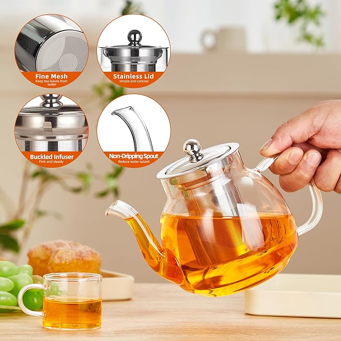 Glass Teapot with Removable Infuser - 37oz/1100ml Borosilicate Glass, Stovetop & Microwave Safe for Blooming & Loose Leaf Tea, Handmade Tea Maker Gift
