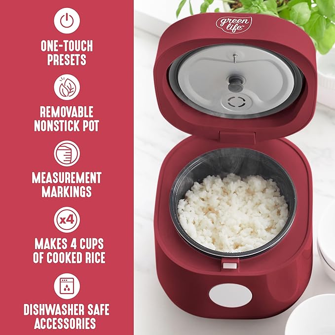 GreenLife Digital Rice Cooker, 2-Cups Uncooked/4-Cups Cooked, Removable Nonstick Ceramic PFAS-Free Pot, One-Touch Presets, Oats, Quinoa, Brown Rice, Auto Keep Warm, Fuzzy Logic Tech, 1.5 QT, Red