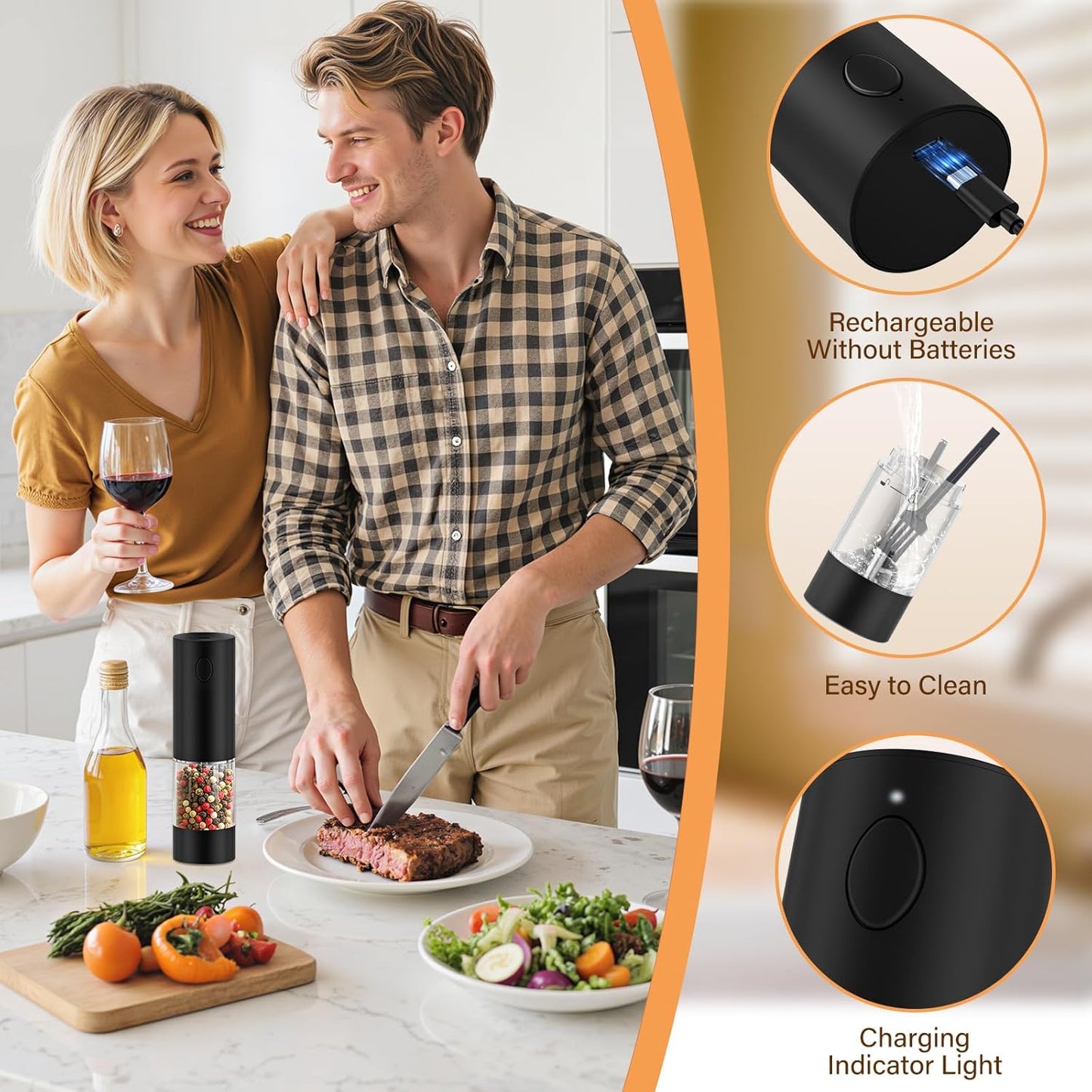 WOWBOX Electric Salt and Pepper Grinder Set 2 PCS, Automatic Coarseness, Rechargeable Salt and Pepper Shakers, Large Capacity Multifunctional, for Kitchen, Restaurant, Outdoor, BBQ (Black & White)