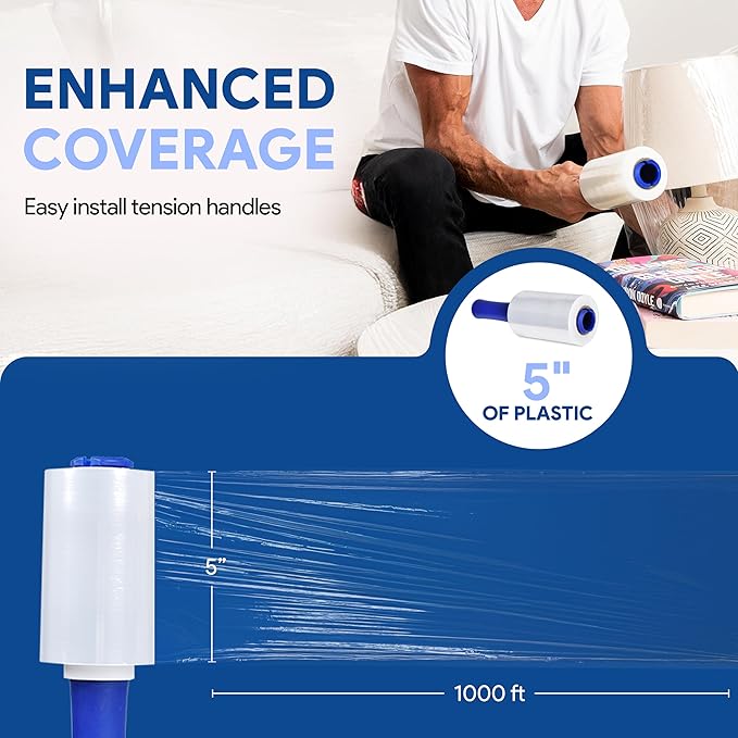 International Plastics Co. 6 Pack of 5" Plastic Stretch Film Wrap with Rotating Handles 1000 feet Each 500% Stretch Ability