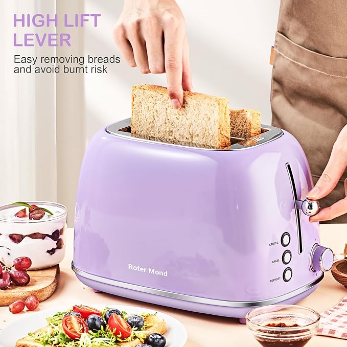 2 Slice Toaster Retro Stainless Steel with Bagel, Cancel, and Defrost Functions, 6 Bread Shade Settings, Extra Wide Slots and Removable Crumb Tray, Lavender-Purple