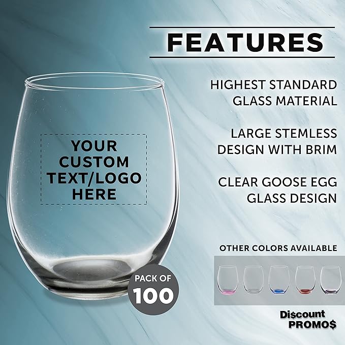 Custom Stemless Wine Glasses in Bulk by ARC Perfection, 15 oz, 100 pack, Personalized Text, Logo, Red or White Wine Glass Set, Black
