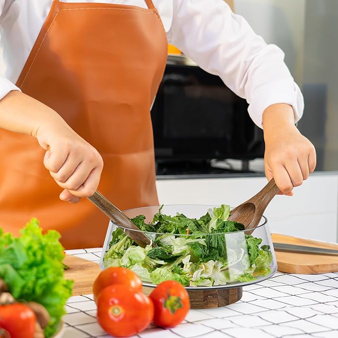 Extra Large Glass Salad Bowl Set - Party Salad Bowls with Acacia Wood Base and Serving Utensils - Elegant and Practical Kitchen Must-Have