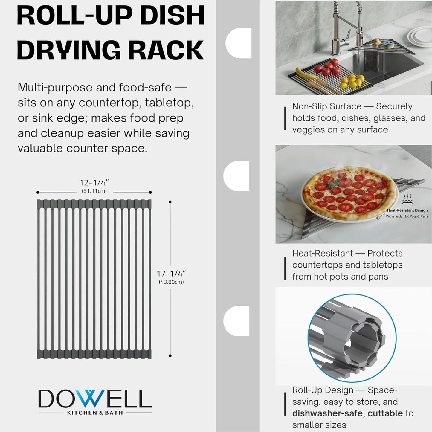 Dowell Over The Sink Roll-Up Dish Drying Rack Silicone Wrap, 17 Rods Dishwasher Safe, Food Safe, Heat Resistant, Foldable, Space-Saving, Multi-Purpose Sink Organizer for Any Surface