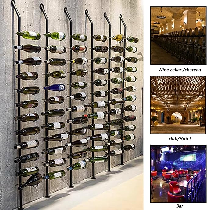 Wine Rack Wall Mounted, 72.8in High Metal Wine Bottle Holder for 12 Bottles, Kitchen Organization and Wine Storage for Commercial Restaurants Pantry Bar Wine Cellar (Black, Two rows-24 Bottles)