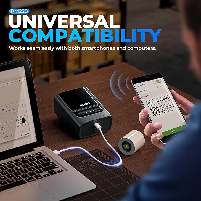 Nelko Label Maker Machine with Tape, PM220 Bluetooth Label Printer, Portable Thermal Printer for Small Business, Address, Logo, Clothing, Mailing, Sticker Printer for Phones & PC, 1 Count, Black