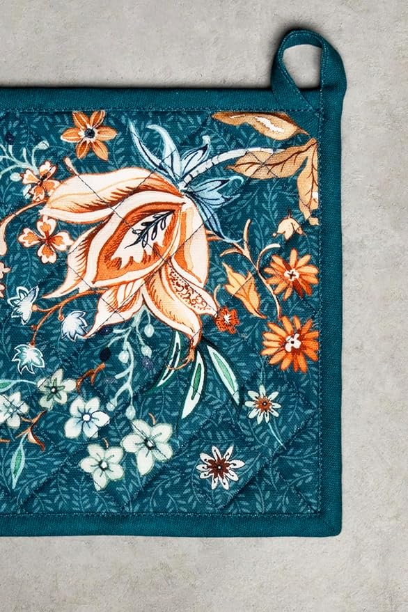 Maison d' Hermine Pot Holders 100% Cotton Heat Resistant Potholders 8" x 8" Hot Pads with Loop BBQ, Cooking, Baking, Grilling, Kitchen, Handling Hot Pans (Pack of 1, Luxury Loft-Dark Teal)