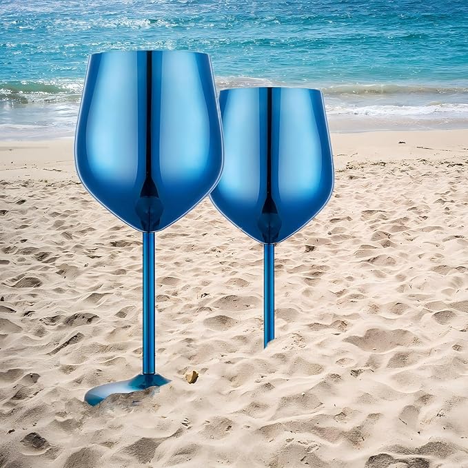 Stainless Steel Wine Glasses Set of 2, 18 oz Unbreakable Blue Wine Glass Unique Metal Wine Goblets for Outdoor Capming and Pool Gift for Wine Lovers