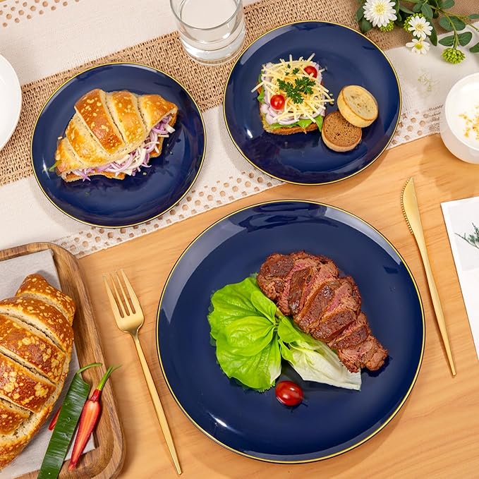 PULOTE 200 Pieces Blue Plastic Plates - Navy Blue and Gold Disposable - Include 100PCS 10 inch Dinner & 100PCS 7 inch Dessert Plate for Party