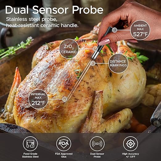 CulinaMeter One: 700FT Wireless Meat Thermometer with LCD Screen, Digital Cooking Food Thermometer for Beef Lamb Turkey, Dual Sensor Measures Internal & Ambient Temp