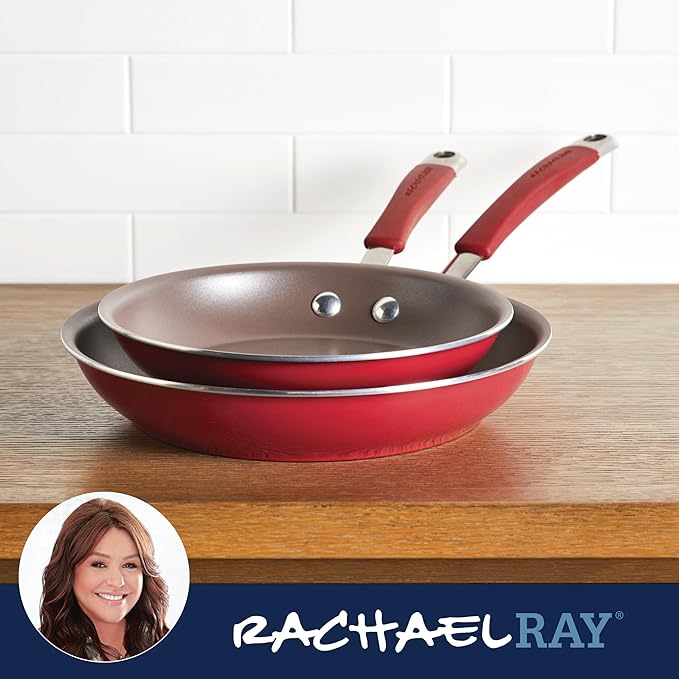 Rachael Ray Cucina Nonstick Frying Pan Set / Fry Pan Set / Skillet Set - 9.25 and 11 Inch, Cranberry Red