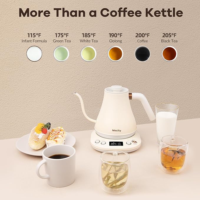 Mecity Electric Gooseneck Kettle With Keep Warm Function & LCD Display Automatic Shut Off Coffee Kettle Temperature Control Pour Over Kettle 1200 Watt, 0.8L, 120V, Off White