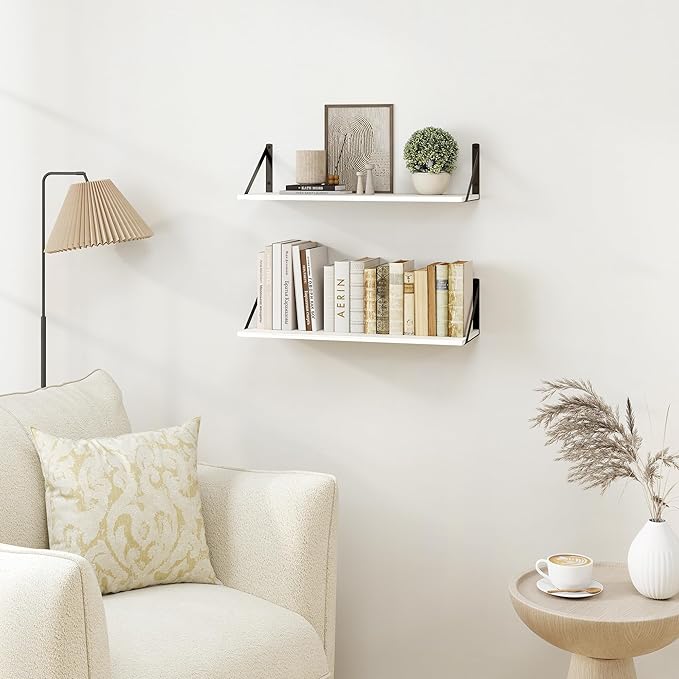 Heimlove White Deep Floating Shelves for Wall, 24W x 8D Wood Wall Shelves Set of 2, Wide Floating Bookshelf for Living Room, Kitchen, Office, Bedroom and Decor Storage, with Black Bracket - White