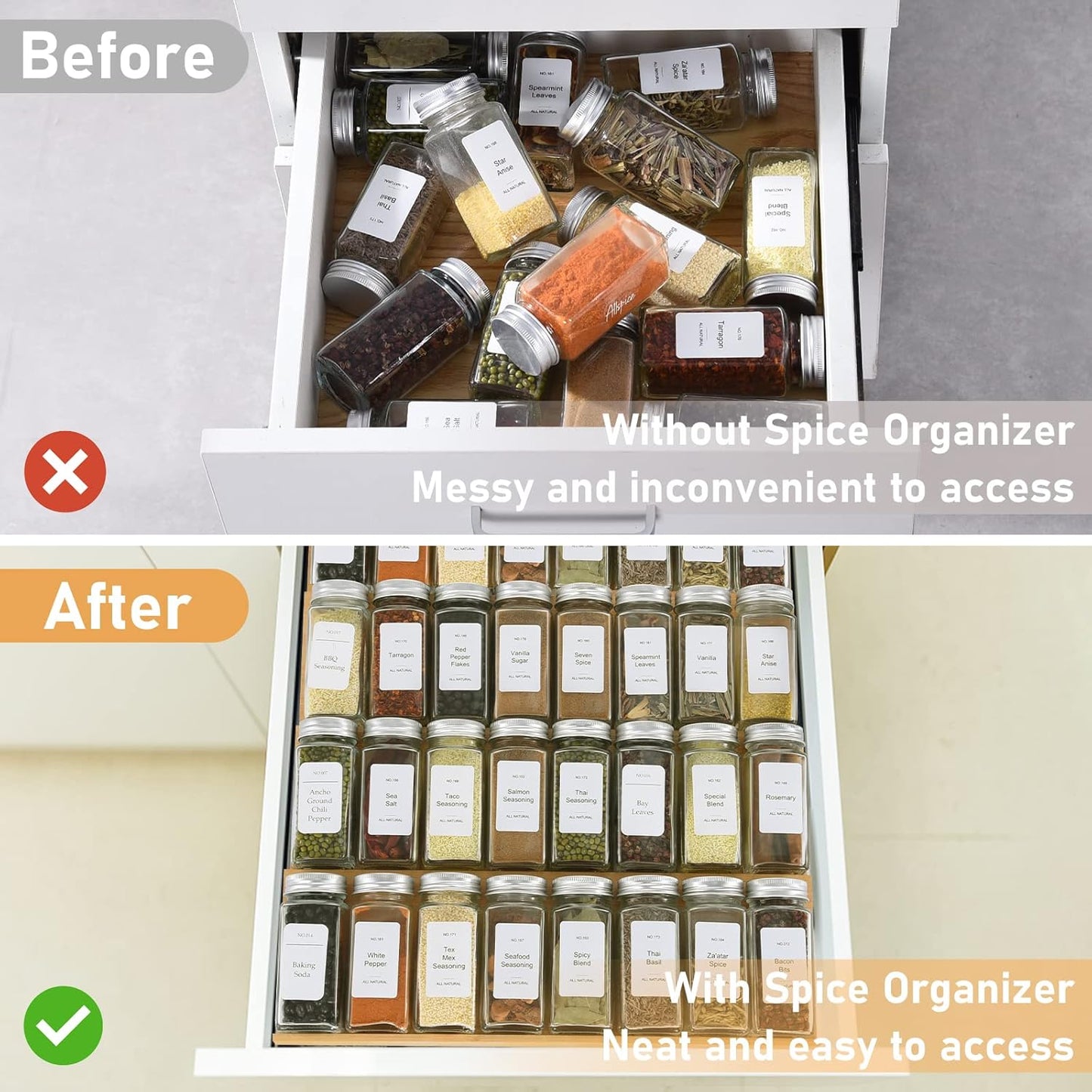 Spice Drawer Organizer with 28 Spice Jars,216 Labels,25 Non-slip Rubber, Bamboo 4 Tier Seasoning Rack Tray Insert for Kitchen Drawers,Cabinets,Countertop,14.6" Wide x 15.8" Deep