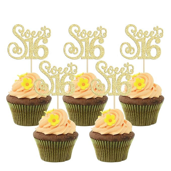 Gyufise 24 Pack Happy Sweet 16 Cupcake Toppers Glitter Sixteen 16th Birthday Cupcake Picks Cheers to 16 Years Old Cupcake Decorations for 16th Birthday Anniversary Party Cake Decorations Supplies Gold